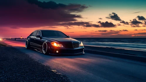 Midnight sedan prowls a neon-tinted oceanfront highway.