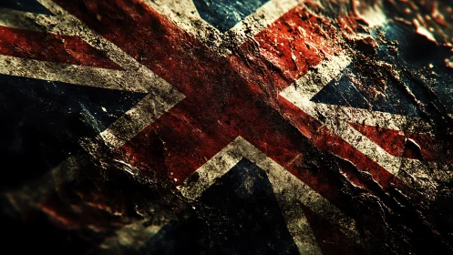 Grunge textured Union Jack flag under dramatic lighting.
