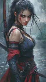 Fierce river rogue resting between battles in wild mist.