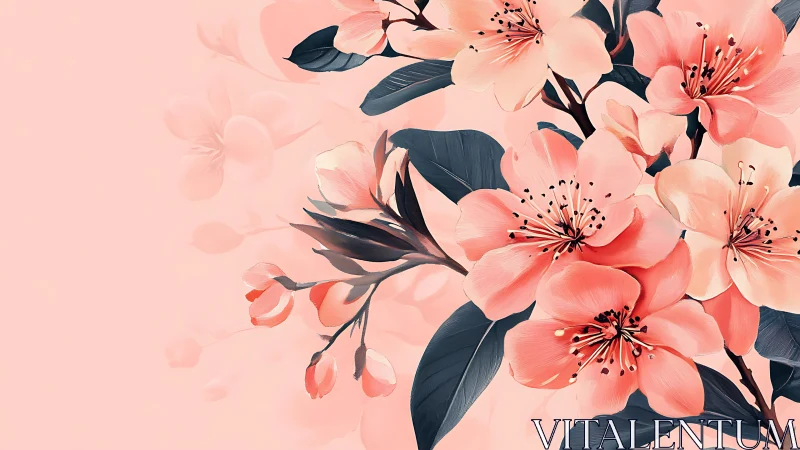 Botanical illustration depicting pink flowering branches with dark foliage elements.