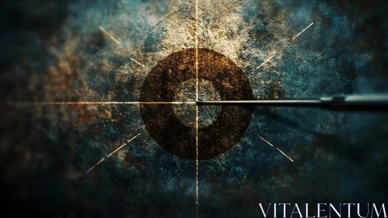 Bullseye target in grunge style with arrow hitting center point.