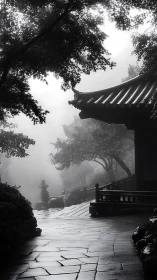 Mist-draped temple path whispers through quiet monochrome dawn.