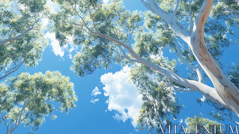 Sunlit eucalyptus canopy stretches across vivid blue sky.