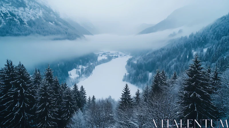 Snow covered conifer forest and misty alpine valley view.