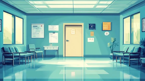 Sunlit clinic waiting room pausing in soft turquoise calm.