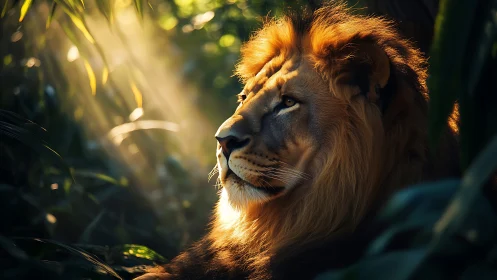 Sunlit lion portrait amid dense jungle foliage at dusk.