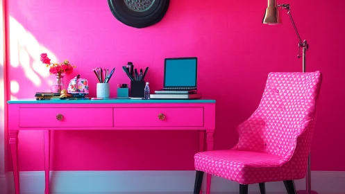 Bold pink home office desk with laptop and patterned chair.