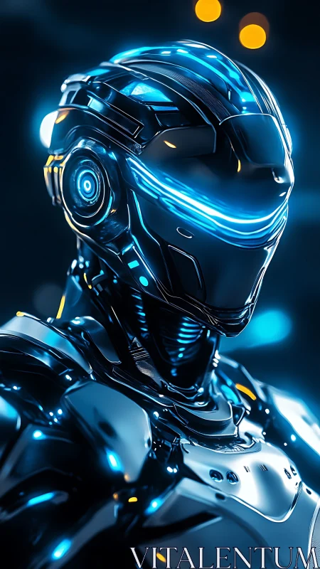 Futuristic blue-lit humanoid robot in reflective armor.