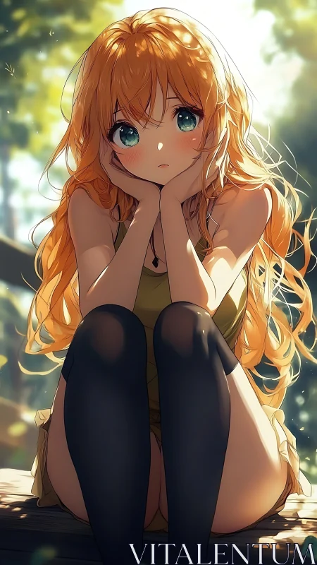 Sunlit anime girl rests in quiet forest daydream.