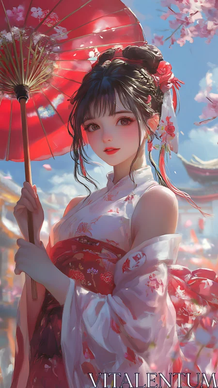 Cherry blossoms whirl as a parasol maiden claims spring