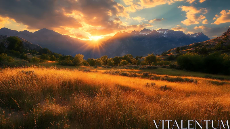 Golden mountain meadow glows under a dramatic sunset sky