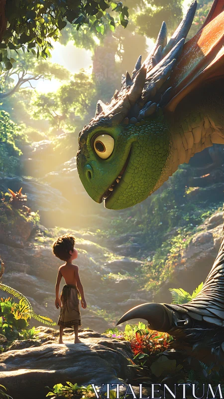 Forest-child meets wide-eyed dragon in sunlit jungle hush.