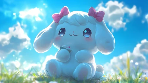 Kawaii plush lamb under vibrant sky with bokeh cloudscape
