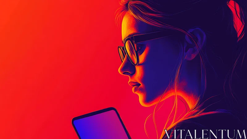 Neon-lit thinker studies a glowing screen in electric silence.