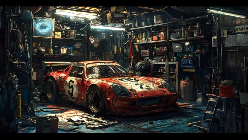 Racing car with number 5 sits damaged inside cluttered workshop