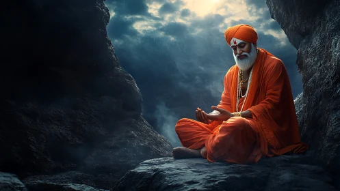 Meditating orange-robed sage sits in storm-lit mountain cave