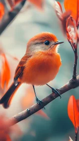 Orange songbird perched on branch in shallow depth of field.
