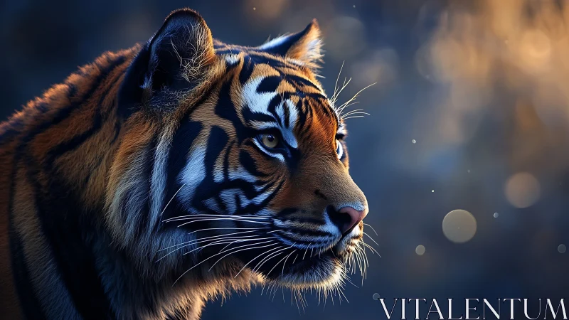Tiger profile in cool dusk light with detailed fur texture.
