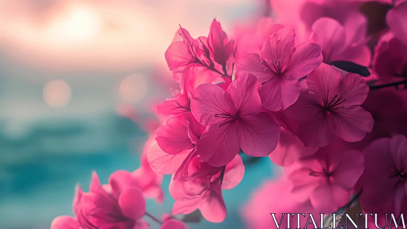 Pink Geraniums Bloom Against Turquoise Seascape.