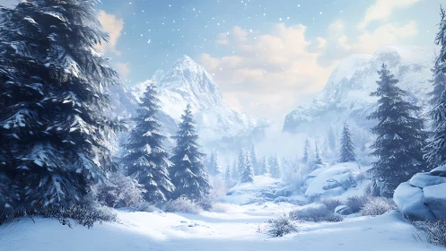 Winter valley glows softly beneath snow-covered peaks