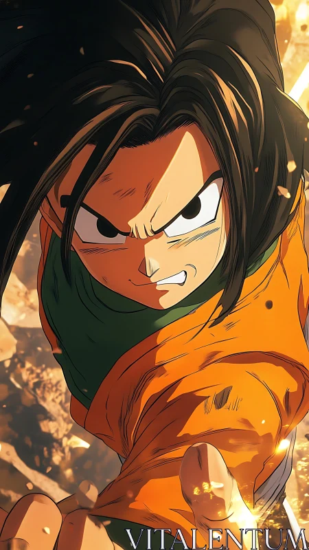 Anime warrior lunges forward through blazing battlefield