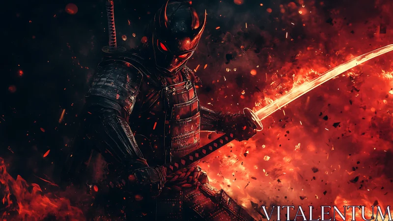 Armored swordsman in red-illuminated battlefield environment.