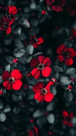 Red Five-Petaled Flowers With Gray Foliage Against Dark Background