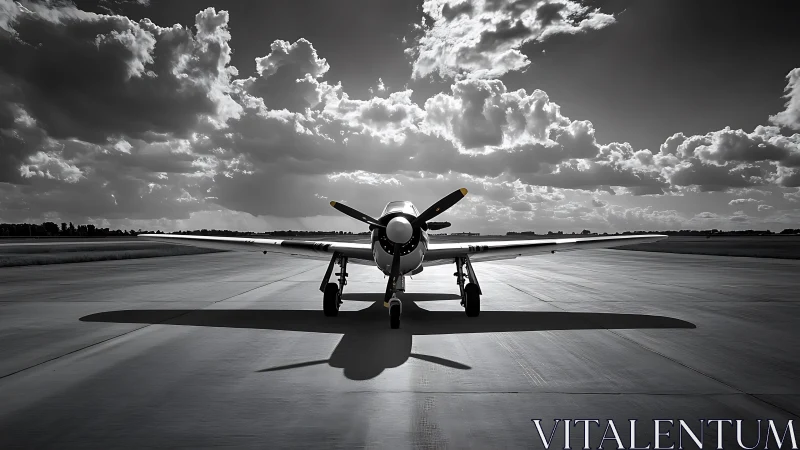 Propeller aircraft casts long runway shadow under dramatic clouds