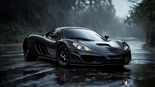 Black supercar on wet forest road under heavy rainstorm.