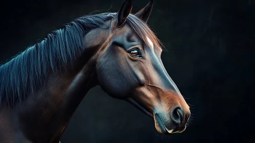 Bay horse portrait in profile on dark studio background.