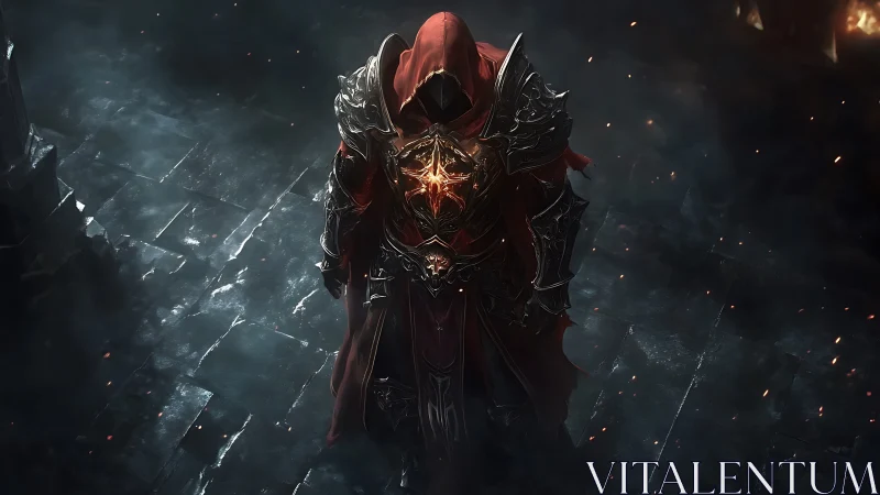 Hooded warlock commands infernal energy on obsidian floor.