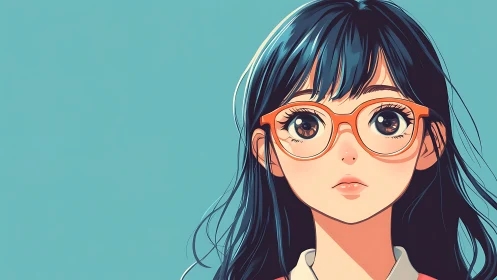 Anime portrait of girl with glasses against teal minimalist background