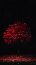 Lone crimson tree burning softly against nightfall hush.