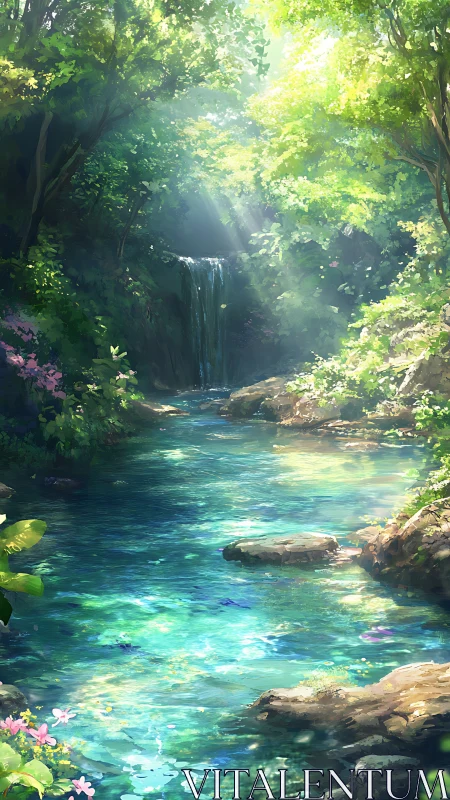 Sunlit forest creek with small waterfall and rocks.