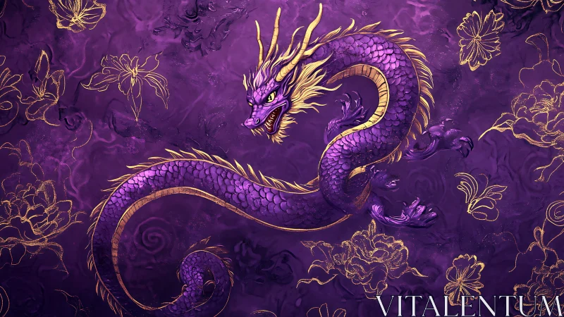 Violet imperial dragon coils through gilded floral dreams.