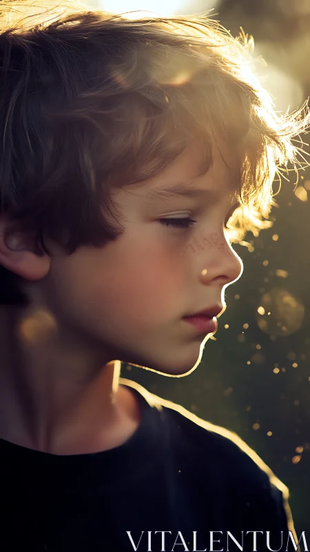 Young child's profile illuminated by golden backlighting