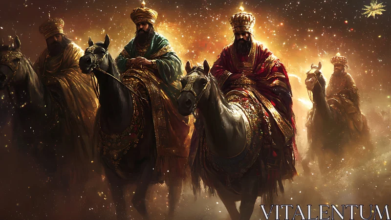 Royal riders drift through stardust on a silent ember road