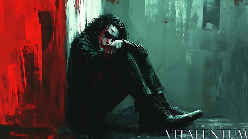 Solitary figure against red and teal abstract walls.