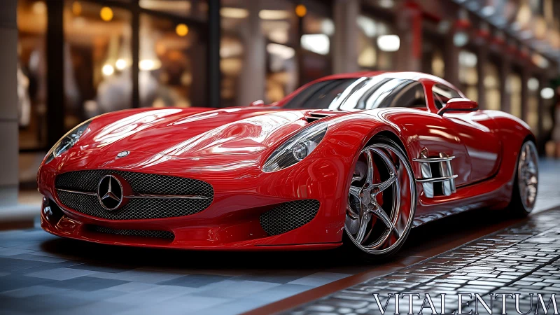 Red Mercedes sports coupe rendered with high-gloss reflections and bokeh