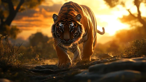 Golden hour tiger strolls through glowing forest path.