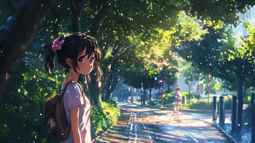 Backlit anime schoolgirl under dappled foliage on wet city path