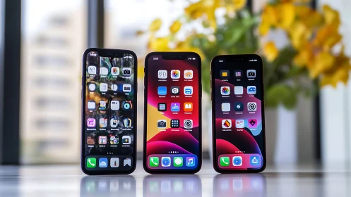 Everyday smartphone trio glowing on a bright, cozy desk.