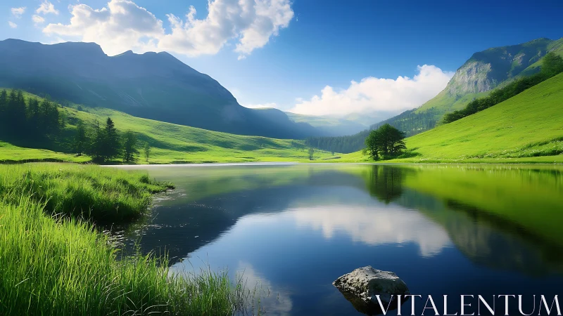 Serene alpine lake mirroring lush valleys and blue peaks.