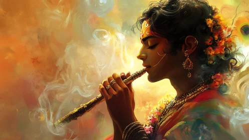 Profile view of ornate figure playing flute in warm hues.