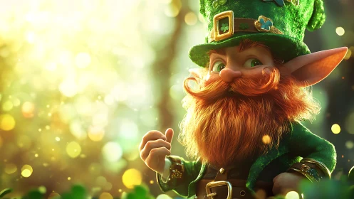 Vibrant 3D leprechaun portrait under luminous golden bokeh light