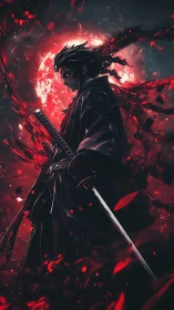 Dark katana warrior framed by crimson lunar eclipse.