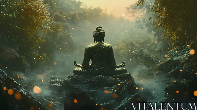 Bronze Buddha statue meditating in misty forest ravine at dawn