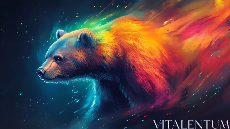 Chromatic bear portrait with neon motion trails in space.