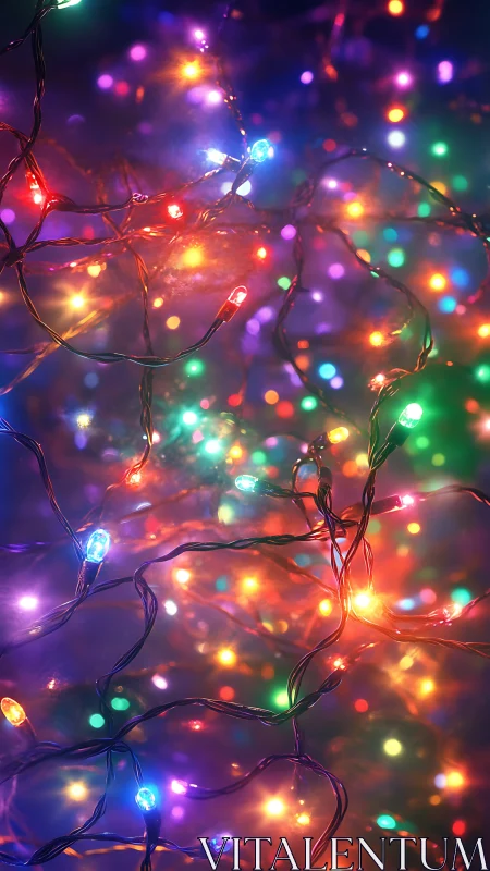 Tangled multicolor LED string lights with shallow bokeh depth