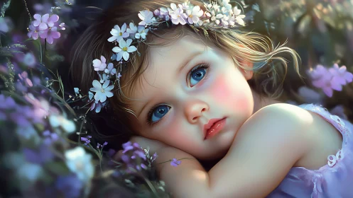 High-Resolution 3D Rendered Child Portrait with Floral Crown and Botanical Environment